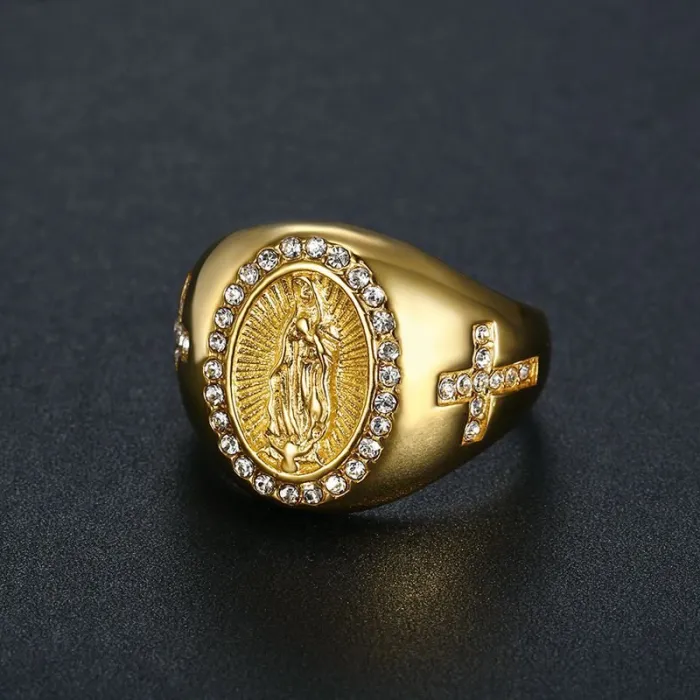 Wholesale Virgin Mary Rings for Men – Gold-Plated HIPHOP Style with Rhinestones in Titanium Steel | Religious Jewelry, Bulk Supplier