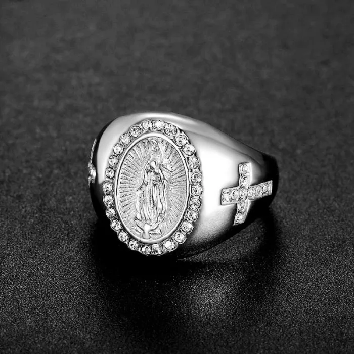 Wholesale Virgin Mary Rings for Men – Gold-Plated HIPHOP Style with Rhinestones in Titanium Steel | Religious Jewelry, Bulk Supplier