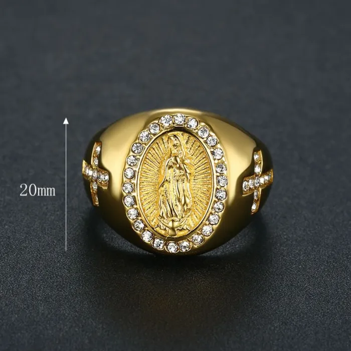 Wholesale Virgin Mary Rings for Men – Gold-Plated HIPHOP Style with Rhinestones in Titanium Steel | Religious Jewelry, Bulk Supplier