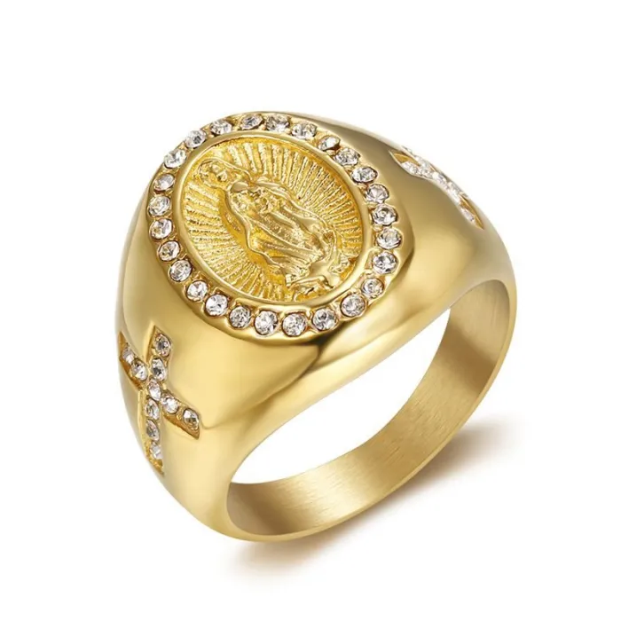 Wholesale Virgin Mary Rings for Men – Gold-Plated HIPHOP Style with Rhinestones in Titanium Steel | Religious Jewelry, Bulk Supplier