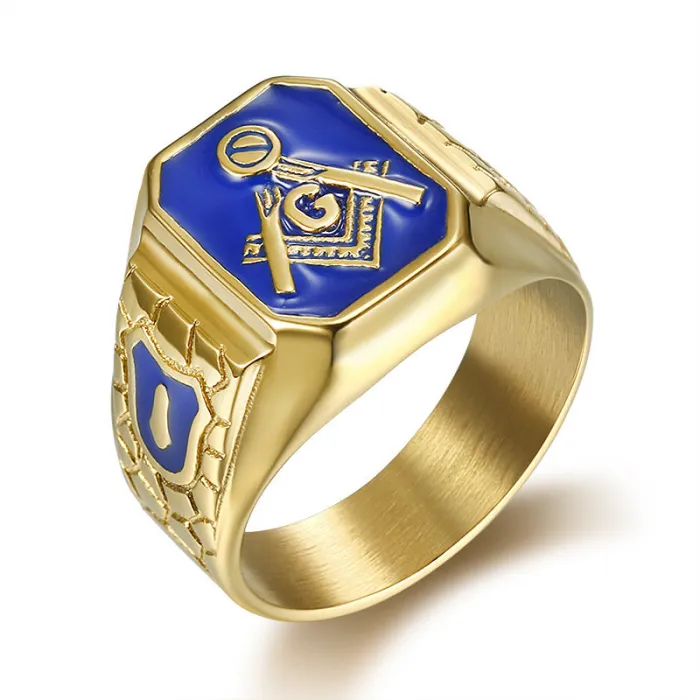 Wholesale Masonic AG Rings for Men – Gold-Plated Titanium Steel with Blue Enamel | HIPHOP Style Jewelry, Bulk Supplier