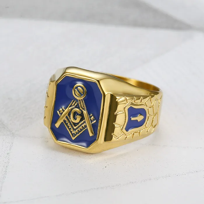 Wholesale Masonic AG Rings for Men – Gold-Plated Titanium Steel with Blue Enamel | HIPHOP Style Jewelry, Bulk Supplier