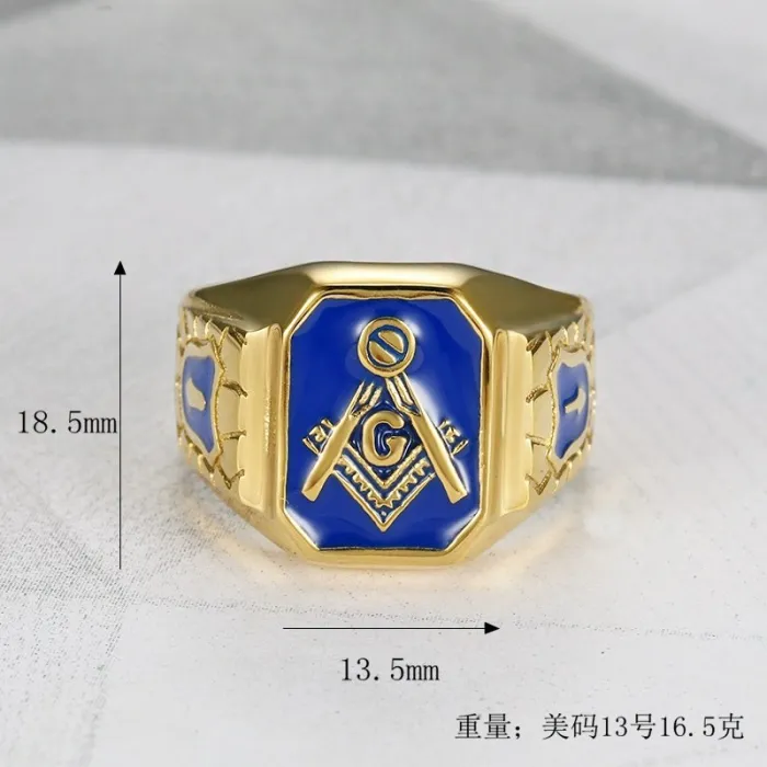 Wholesale Masonic AG Rings for Men – Gold-Plated Titanium Steel with Blue Enamel | HIPHOP Style Jewelry, Bulk Supplier