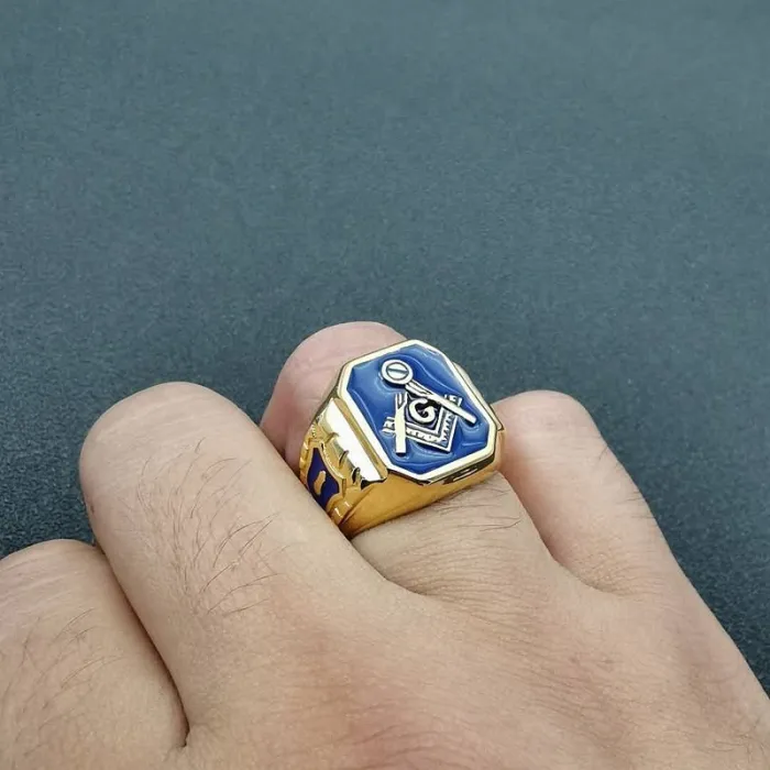 Wholesale Masonic AG Rings for Men – Gold-Plated Titanium Steel with Blue Enamel | HIPHOP Style Jewelry, Bulk Supplier