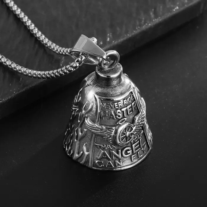 Wholesale Motorcycle Guardian Bell – Polished Titanium Steel Winged Wheel Lucky Charm | Biker Pendant, Bulk Supplier