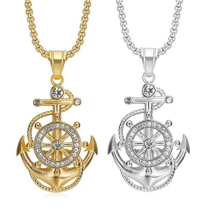 Wholesale Anchor Pendant Necklaces – HIPHOP Style Gold-Plated Titanium Steel with Rhinestones | Trendy Jewelry, Bulk Supplier