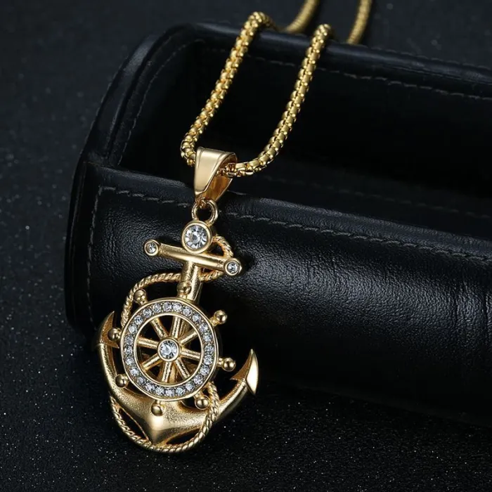 Wholesale Anchor Pendant Necklaces – HIPHOP Style Gold-Plated Titanium Steel with Rhinestones | Trendy Jewelry, Bulk Supplier