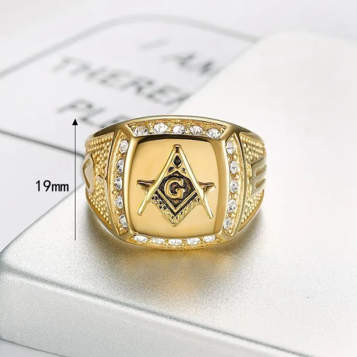 Wholesale Masonic AG Rings for Men – Gold-Plated Titanium Steel with Rhinestones | Classic Freemason Jewelry, Bulk Supplier