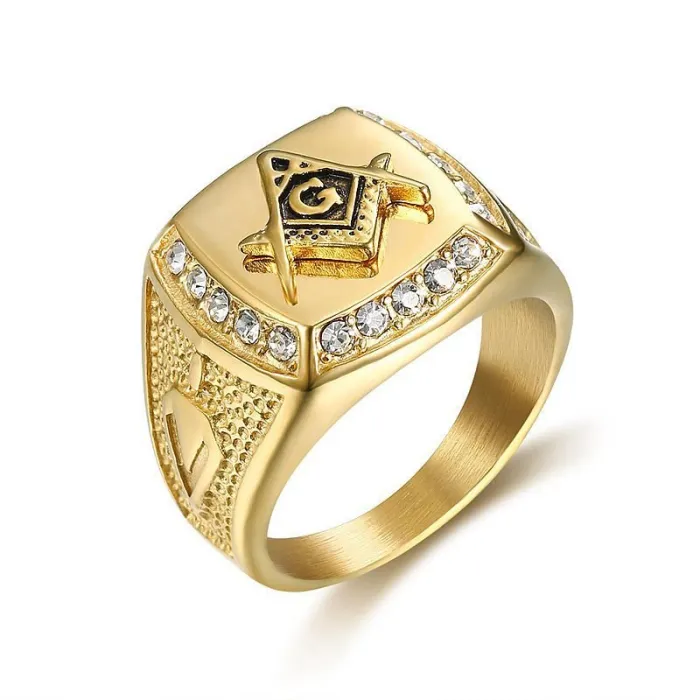 Wholesale Masonic AG Rings for Men – Gold-Plated Titanium Steel with Rhinestones | Classic Freemason Jewelry, Bulk Supplier
