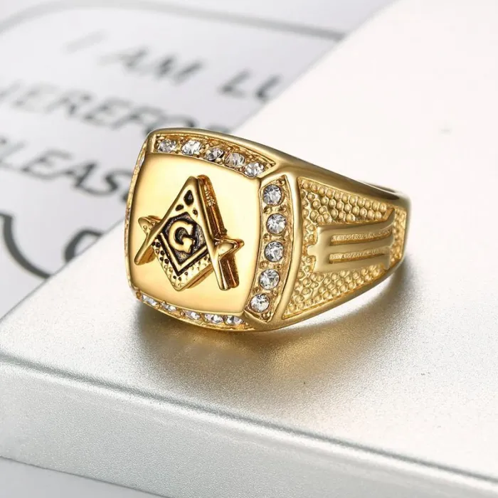 Wholesale Masonic AG Rings for Men – Gold-Plated Titanium Steel with Rhinestones | Classic Freemason Jewelry, Bulk Supplier