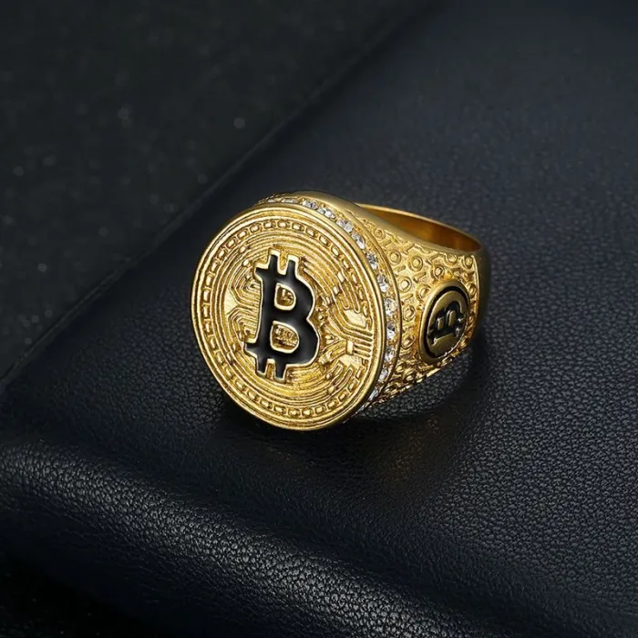 Wholesale Bitcoin B Letter HIPHOP Rings for Men – Gold-Plated Titanium Steel with Rhinestones | Trendy Jewelry, Bulk Supplier