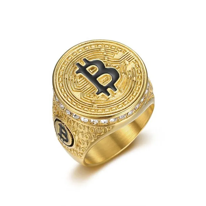 Wholesale Bitcoin B Letter HIPHOP Rings for Men – Gold-Plated Titanium Steel with Rhinestones | Trendy Jewelry, Bulk Supplier