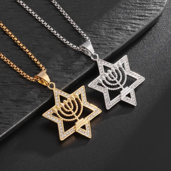 Wholesale Star of David Pendant Necklaces – Gold-Plated HIPHOP Style for Men | Rhinestone Titanium Steel, Bulk Supplier