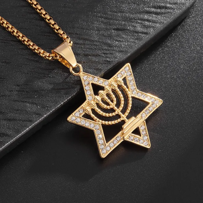 Wholesale Star of David Pendant Necklaces – Gold-Plated HIPHOP Style for Men | Rhinestone Titanium Steel, Bulk Supplier