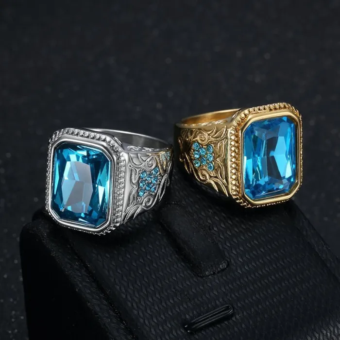 Wholesale HIPHOP Blue Gemstone Rings for Men – Gold-Plated Titanium Steel with Icy Rhinestones | Trendy Jewelry, Bulk Supplier
