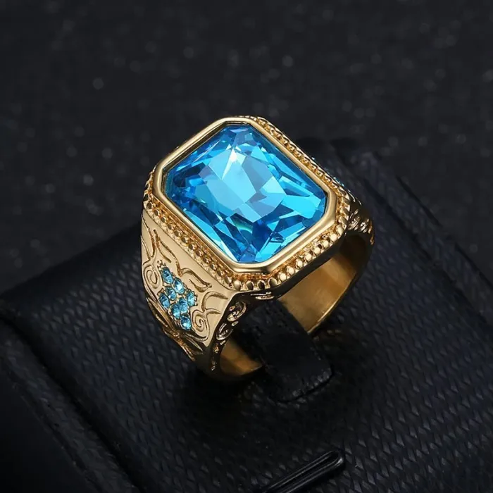 Wholesale HIPHOP Blue Gemstone Rings for Men – Gold-Plated Titanium Steel with Icy Rhinestones | Trendy Jewelry, Bulk Supplier