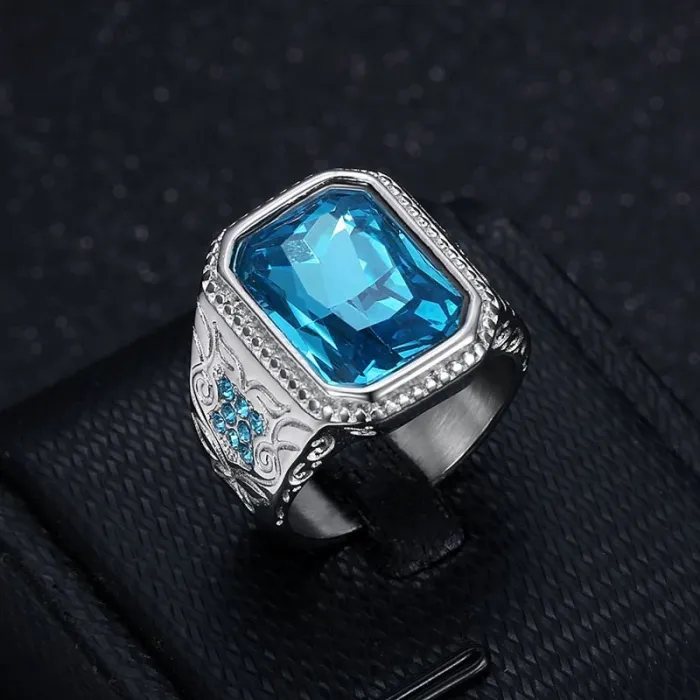 Wholesale HIPHOP Blue Gemstone Rings for Men – Gold-Plated Titanium Steel with Icy Rhinestones | Trendy Jewelry, Bulk Supplier