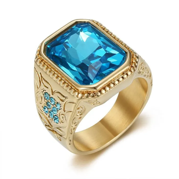 Wholesale HIPHOP Blue Gemstone Rings for Men – Gold-Plated Titanium Steel with Icy Rhinestones | Trendy Jewelry, Bulk Supplier