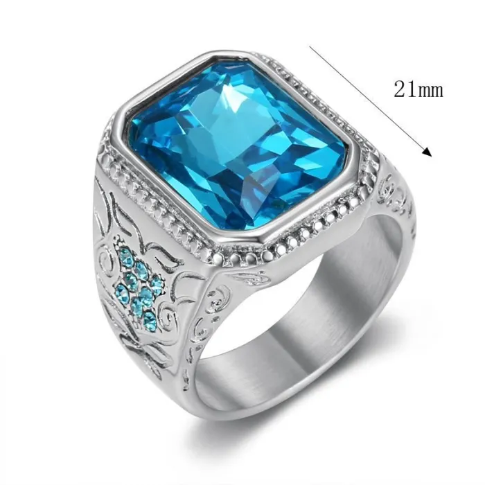 Wholesale HIPHOP Blue Gemstone Rings for Men – Gold-Plated Titanium Steel with Icy Rhinestones | Trendy Jewelry, Bulk Supplier