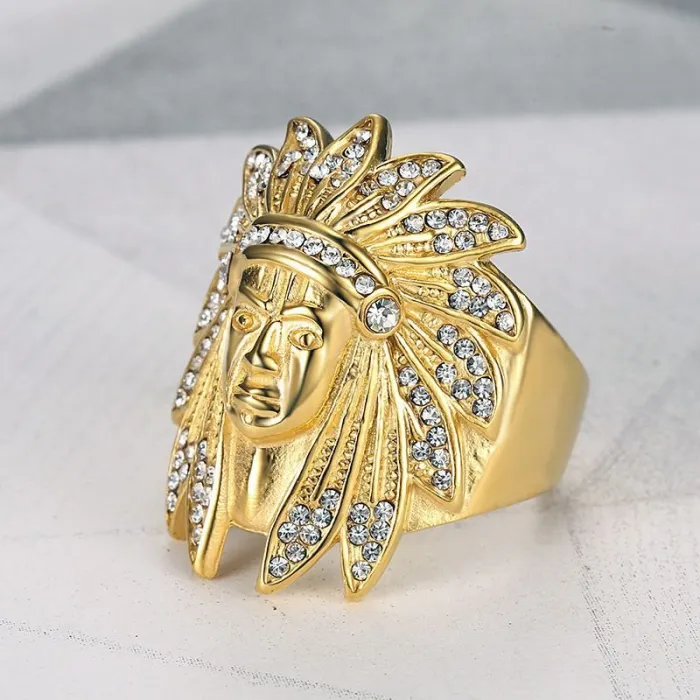 Wholesale HIPHOP Indian Chief Rings for Men – Gold-Plated Titanium Steel with Rhinestones | Tribal Jewelry, Bulk Supplier