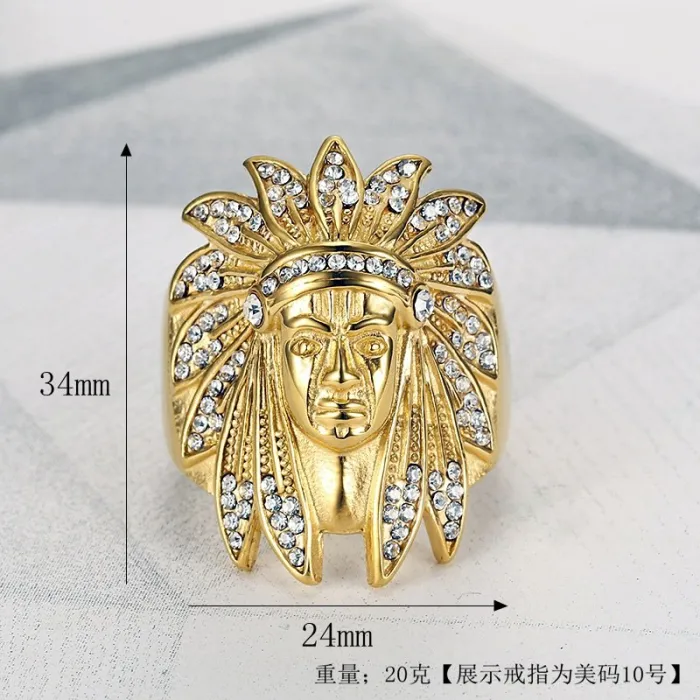 Wholesale HIPHOP Indian Chief Rings for Men – Gold-Plated Titanium Steel with Rhinestones | Tribal Jewelry, Bulk Supplier