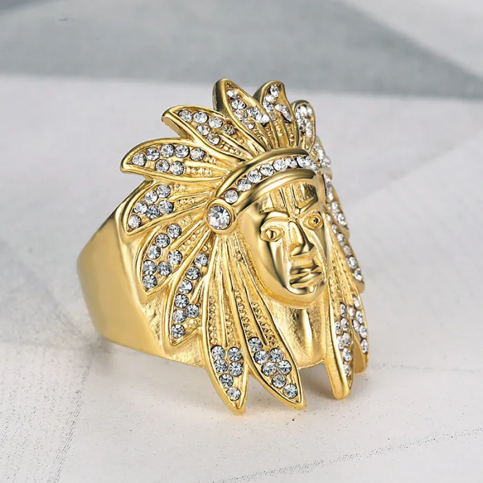 Wholesale HIPHOP Indian Chief Rings for Men – Gold-Plated Titanium Steel with Rhinestones | Tribal Jewelry, Bulk Supplier