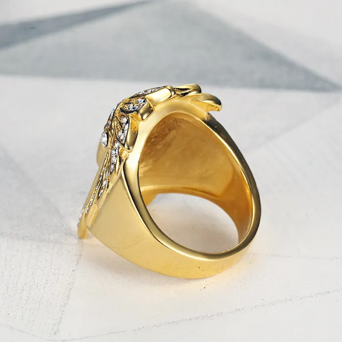 Wholesale HIPHOP Indian Chief Rings for Men – Gold-Plated Titanium Steel with Rhinestones | Tribal Jewelry, Bulk Supplier