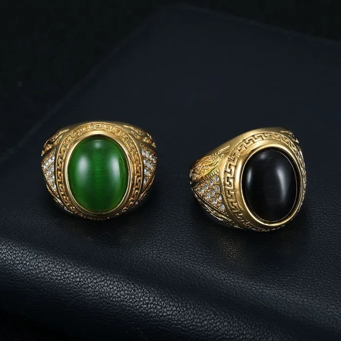 Wholesale HIPHOP Cat Eye Stone Rings for Men – Gold-Plated Stainless Steel with Rhinestones | Trendy Titanium Jewelry, Bulk Supplier