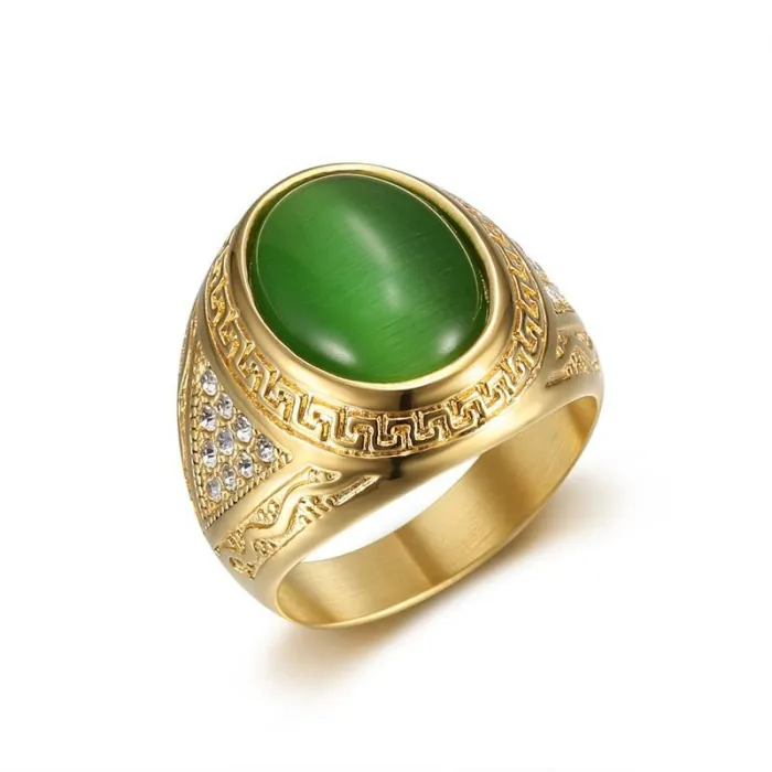 Wholesale HIPHOP Cat Eye Stone Rings for Men – Gold-Plated Stainless Steel with Rhinestones | Trendy Titanium Jewelry, Bulk Supplier