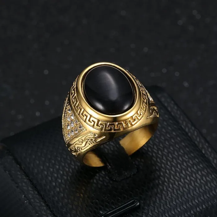 Wholesale HIPHOP Cat Eye Stone Rings for Men – Gold-Plated Stainless Steel with Rhinestones | Trendy Titanium Jewelry, Bulk Supplier