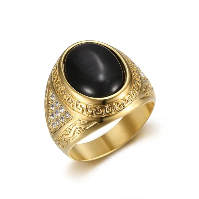 Wholesale HIPHOP Cat Eye Stone Rings for Men – Gold-Plated Stainless Steel with Rhinestones | Trendy Titanium Jewelry, Bulk Supplier