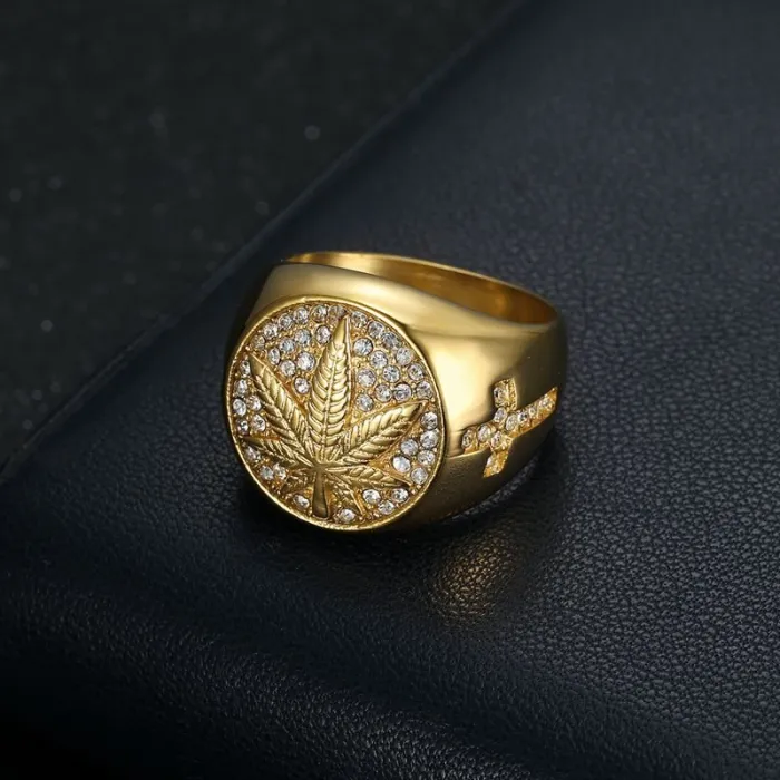 Wholesale HIPHOP Maple Leaf Cross Rings for Men – Gold Titanium Steel with Rhinestones | Wish Hot Seller, Bulk Supplier