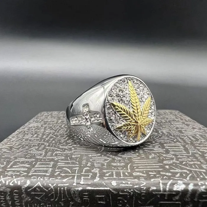 Wholesale HIPHOP Maple Leaf Cross Rings for Men – Gold Titanium Steel with Rhinestones | Wish Hot Seller, Bulk Supplier