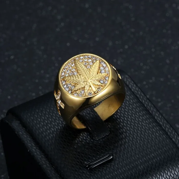 Wholesale HIPHOP Maple Leaf Cross Rings for Men – Gold Titanium Steel with Rhinestones | Wish Hot Seller, Bulk Supplier