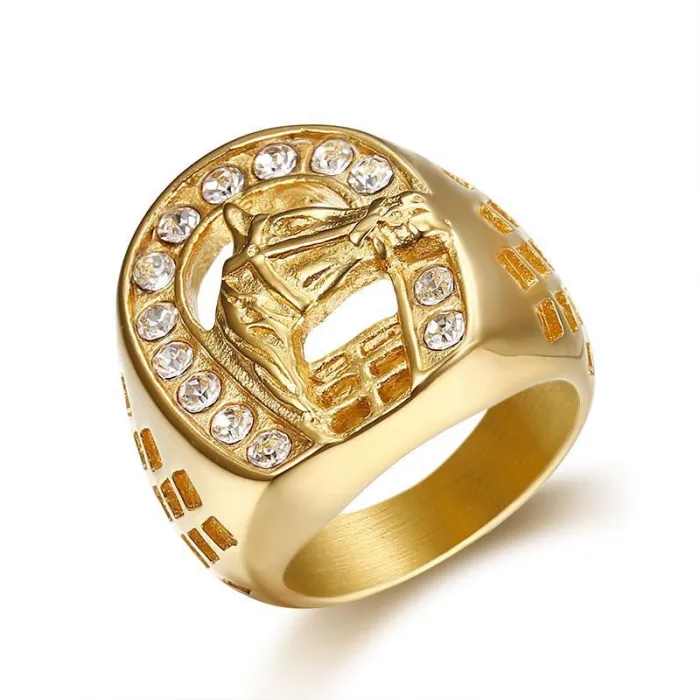Wholesale HIPHOP Horse Head Rings for Men – Gold-Plated Titanium Steel with Rhinestones | Bold Animal Jewelry, Bulk Supplier