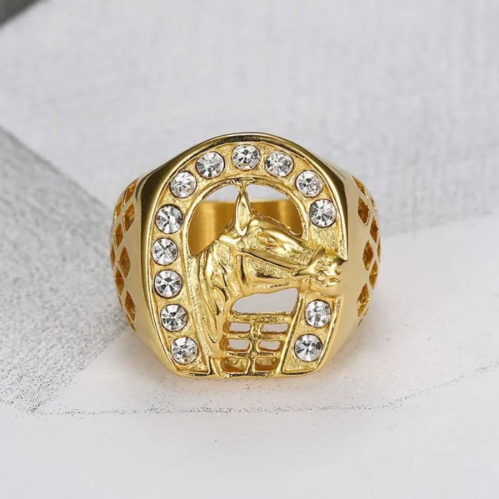Wholesale HIPHOP Horse Head Rings for Men – Gold-Plated Titanium Steel with Rhinestones | Bold Animal Jewelry, Bulk Supplier