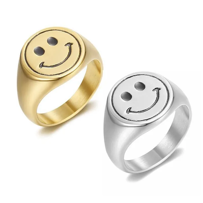 Wholesale Smiley Face Couple Rings – Gold-Plated Stainless Steel with Enamel | INS Style HIPHOP Jewelry, Unisex, Bulk Supplier