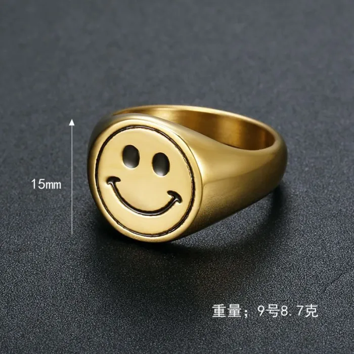 Wholesale Smiley Face Couple Rings – Gold-Plated Stainless Steel with Enamel | INS Style HIPHOP Jewelry, Unisex, Bulk Supplier