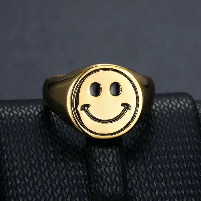Wholesale Smiley Face Couple Rings – Gold-Plated Stainless Steel with Enamel | INS Style HIPHOP Jewelry, Unisex, Bulk Supplier