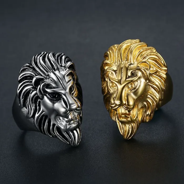 Wholesale HIPHOP Lion Head Rings for Men – Gold-Plated Titanium Steel Statement Jewelry | Bold Style, Bulk Supplier