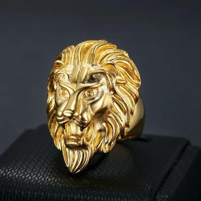 Wholesale HIPHOP Lion Head Rings for Men – Gold-Plated Titanium Steel Statement Jewelry | Bold Style, Bulk Supplier