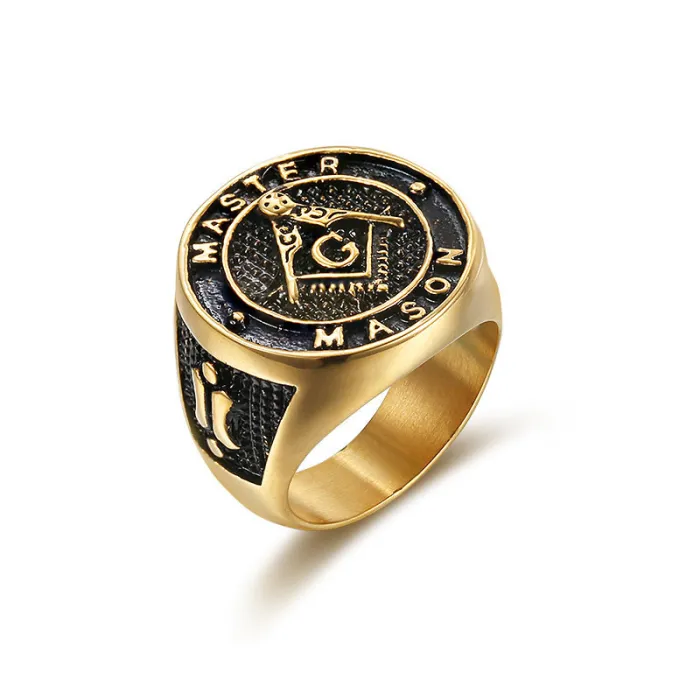 Wholesale Masonic AG Rings for Men – Gold-Plated Titanium Steel with Oil-Filled Finish | Religious Jewelry, Bulk Supplier