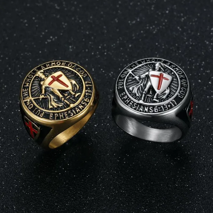 Wholesale Templar Knight Rings for Men – Gold-Plated HIPHOP Titanium Steel with Red Cross Shield | Medieval Style, Bulk Supplier