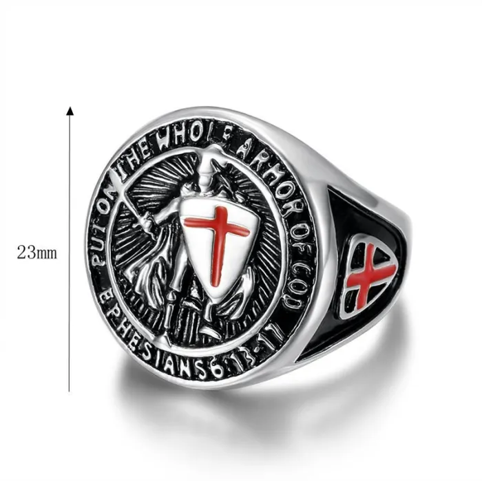 Wholesale Templar Knight Rings for Men – Gold-Plated HIPHOP Titanium Steel with Red Cross Shield | Medieval Style, Bulk Supplier