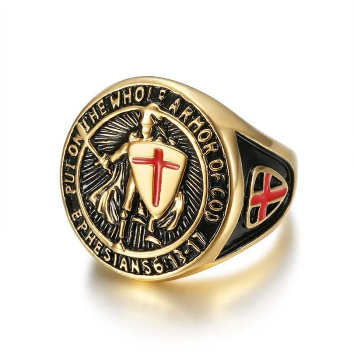 Wholesale Templar Knight Rings for Men – Gold-Plated HIPHOP Titanium Steel with Red Cross Shield | Medieval Style, Bulk Supplier