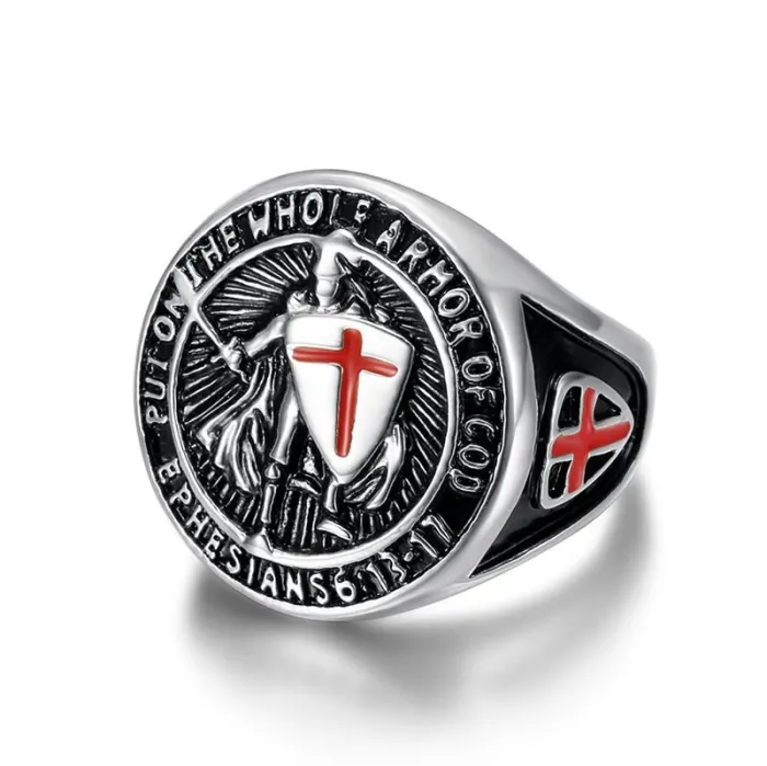 Wholesale Templar Knight Rings for Men – Gold-Plated HIPHOP Titanium Steel with Red Cross Shield | Medieval Style, Bulk Supplier