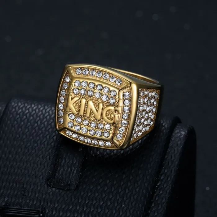 Wholesale HIPHOP KING Rings for Men – Gold-Plated Titanium Steel with Rhinestones | Crown Style Jewelry, Bulk Supplier