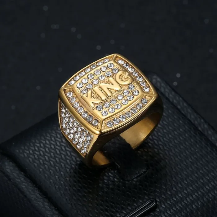 Wholesale HIPHOP KING Rings for Men – Gold-Plated Titanium Steel with Rhinestones | Crown Style Jewelry, Bulk Supplier