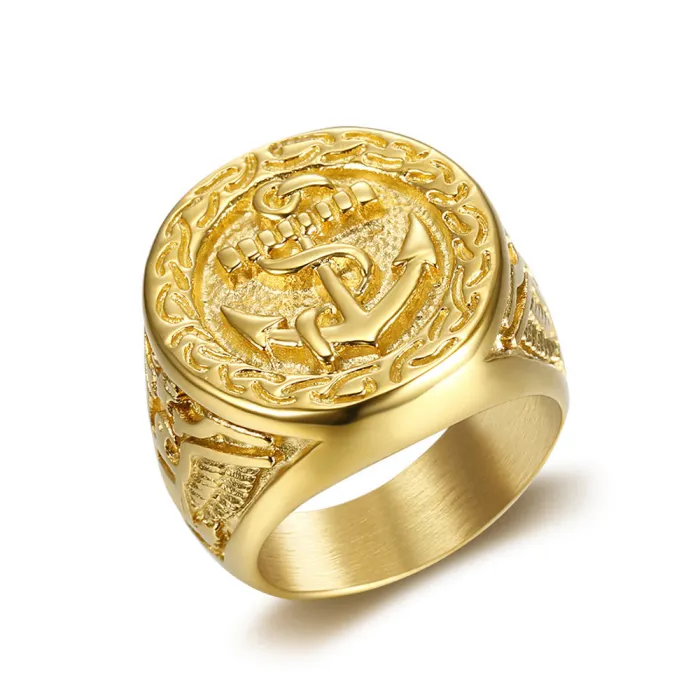 Wholesale HIPHOP Eagle Anchor Rings for Men – Gold-Plated Titanium Steel | Bold Symbolic Jewelry, Bulk Supplier