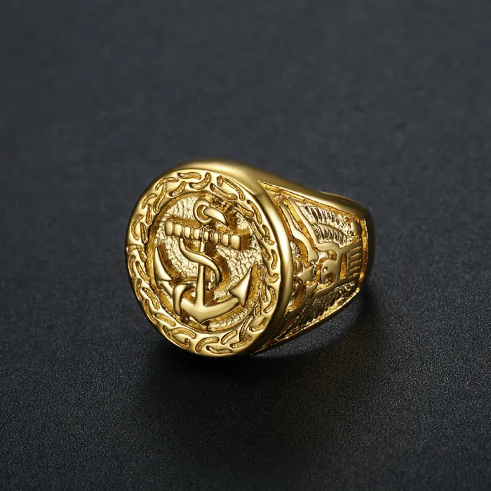 Wholesale HIPHOP Eagle Anchor Rings for Men – Gold-Plated Titanium Steel | Bold Symbolic Jewelry, Bulk Supplier